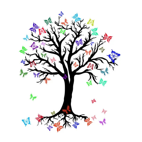 Imagen vectorial de Árbol con mariposas coloridas en estilo abstracto — Vector de stock