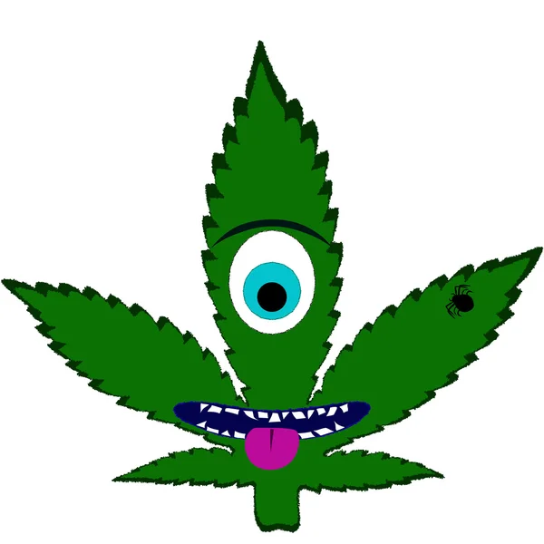 Iimagen de una hoja de marihuana de un solo ojo y un insecto en el estilo de arte abstracto, hecho de una manera ligeramente psicodélica — Vector de stock