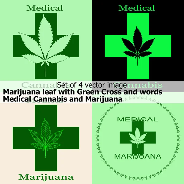 Cannabis leaf in abstracte stijl met groene Kruis en woorden medische marihuana en Medicinale Cannabis. Set van 4 vectorafbeeldingen — Stockvector