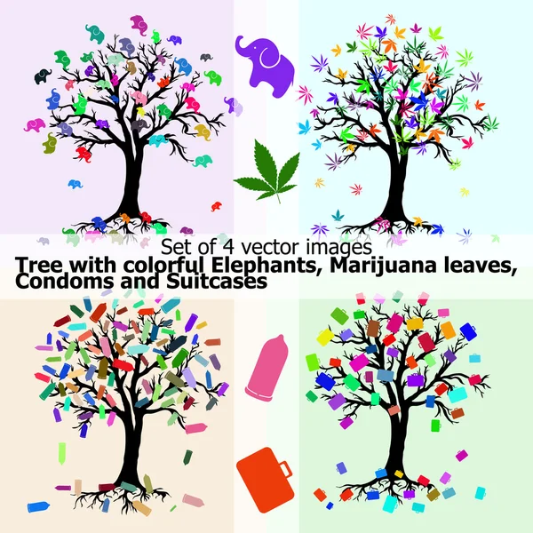 Árbol con coloridos elefantes, hojas de marihuana, condones y maletas en estilo abstracto — Vector de stock