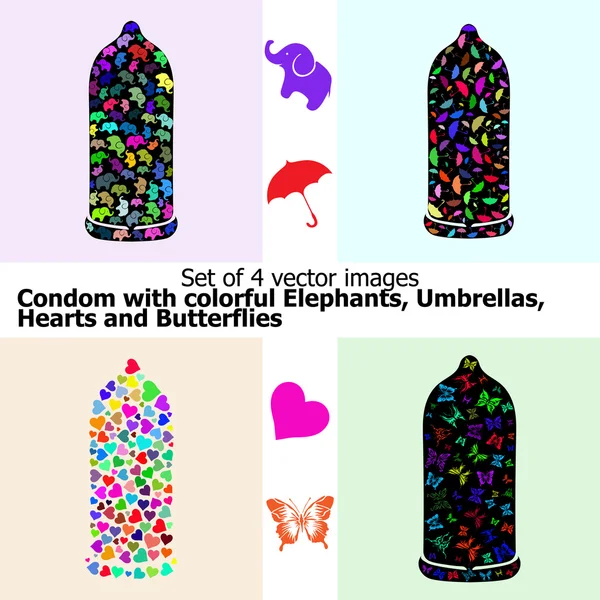多彩的大象、 遮阳伞、 心与蝴蝶避孕套 图库插图
