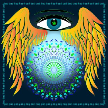 Göz, kanat, esrar yaprakları ve mandala