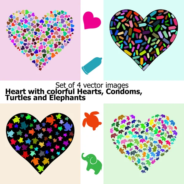 多彩的心、 避孕套、 海龟和大象的心 免版税图库插图
