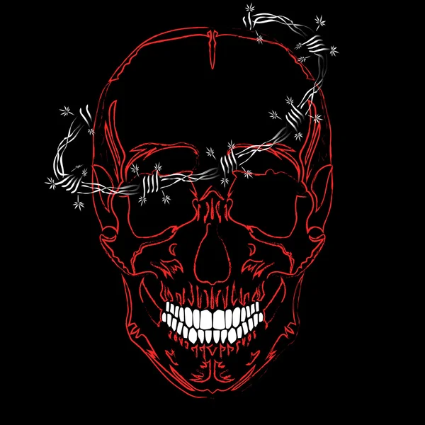 Calavera humana y alambre de púas con hojas de marihuana — Vector de stock