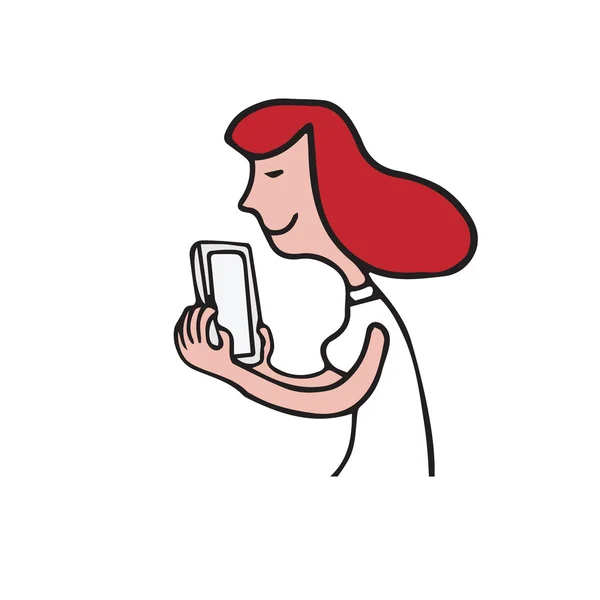Mulher tecnologia usando desenhos animados smartphone — Vetor de Stock