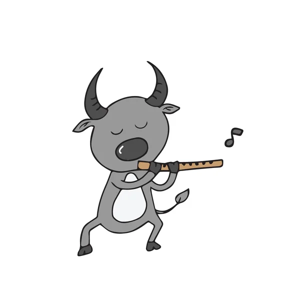 动物水牛演奏长笛卡通 — 图库矢量图片
