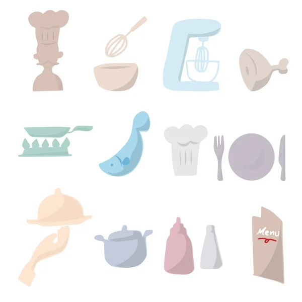 Chef y cocina dibujos animados iconos de dibujo — Vector de stock