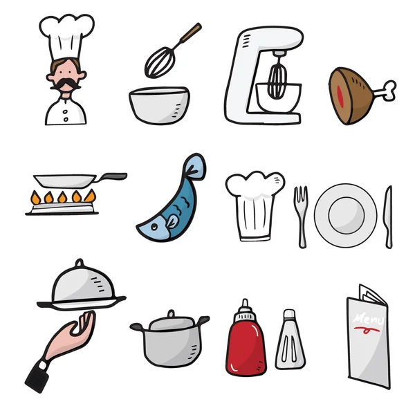Chef-kok en de keuken cartoon tekenen van pictogrammen — Stockvector