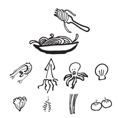Spagetti ve malzemeler karikatür çizim