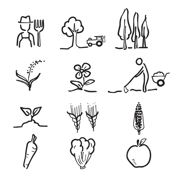 Conjunto de iconos de dibujo de agricultores y flores — Vector de stock