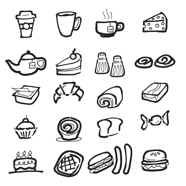 Pausa para café y bocadillos iconos de dibujo conjunto — Vector de stock