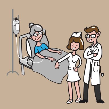 Doktor hemşire ve yaşlı bir kadın hasta karikatür çizim