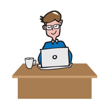 Labtop karikatür çizim üzerinde çalışan adam