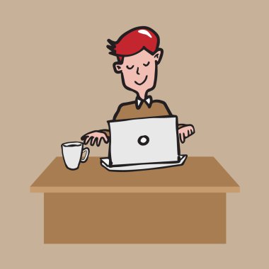 Kahve karikatür çizim labtop üzerinde çalışan adam