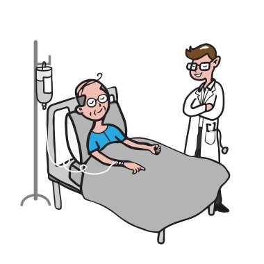 Doktor ve yaşlı adam hasta çizim karikatür