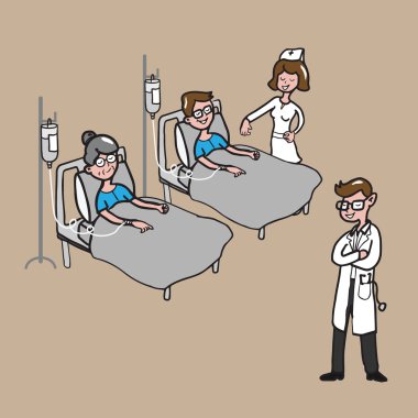 Doktor ve hemşire hasta koğuşu karikatür ziyaret edin