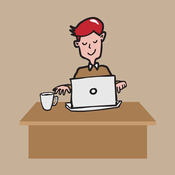 Uomo che lavora su labtop con disegno a cartoni animati di caffè — Vettoriale Stock