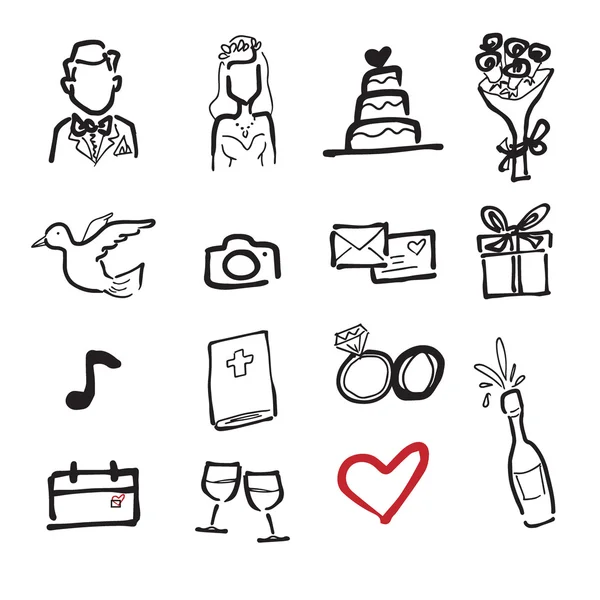 Wedding bride and groom drawing icons set — Stock Vector
