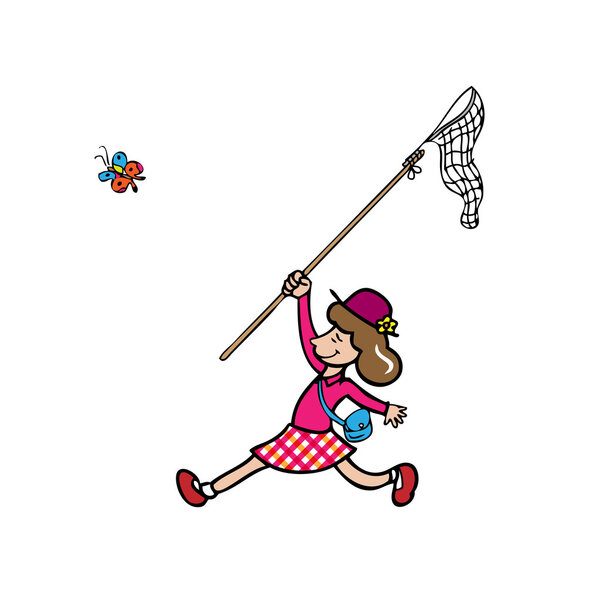 Девушка ловит бабочку по сети
