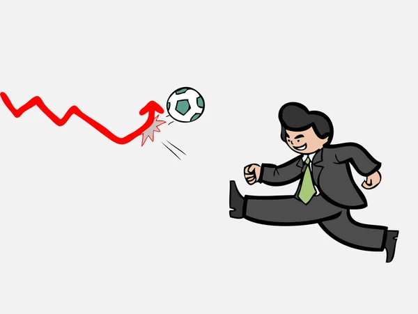Бизнесмен, стреляющий в футбол, толкает график — стоковый вектор