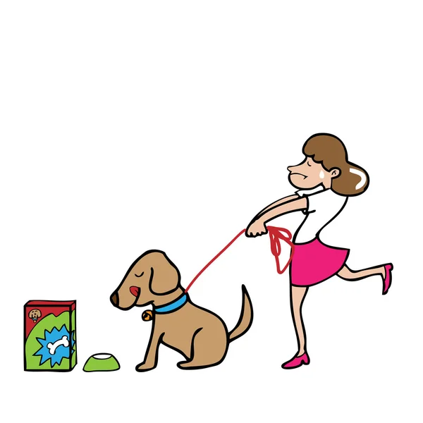 Mujer tirando perro — Vector de stock