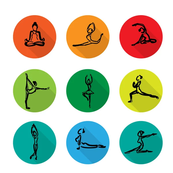 Yoga ballet iconos conjunto dibujos animados sombra — Vector de stock