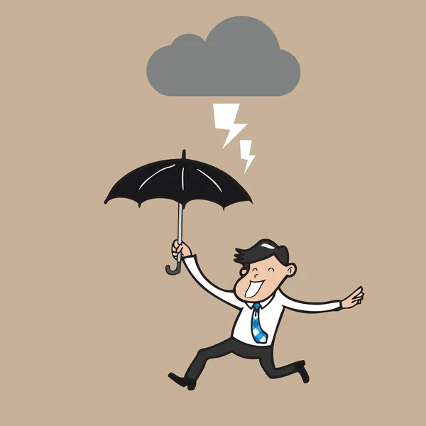 Businessman holding umbrella running in strom — Stock Vector