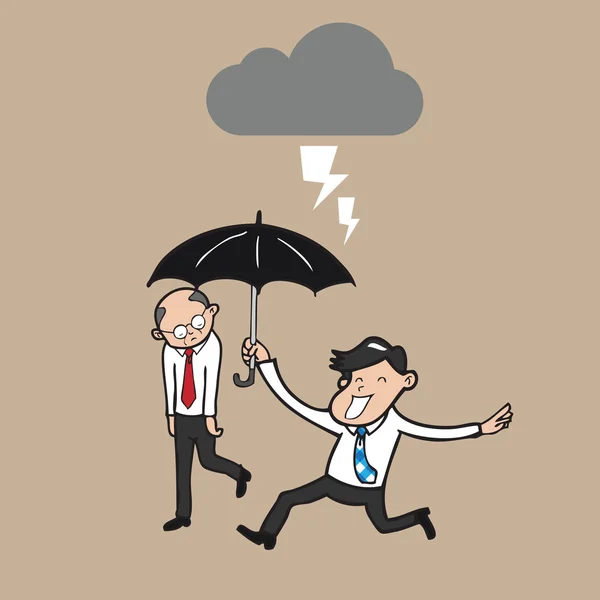 Бізнесмен тримає парасольку, захищає боса від кровотечі — стоковий вектор