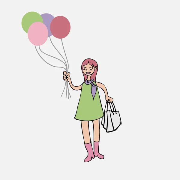 Dívka s balónky a nákupní tašky — Stockový vektor