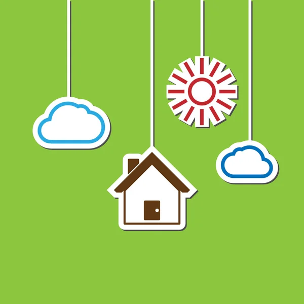 Casa colgar sol nube — Vector de stock