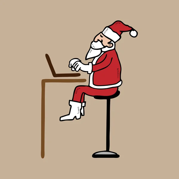 Santa sits on tall stool work with computer — 图库矢量图片