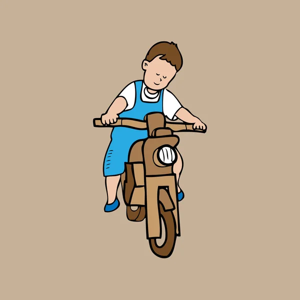 Мальчик ездит на деревянном мотоцикле — стоковый вектор