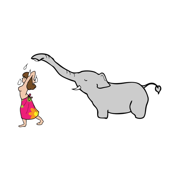 Elefante duchándose mujer — Vector de stock