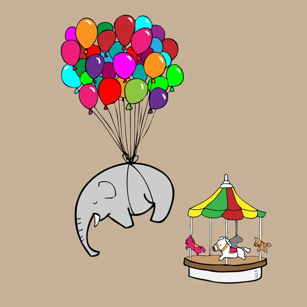 Elefant fliegt mit Luftballons Karikatur — Stockvektor
