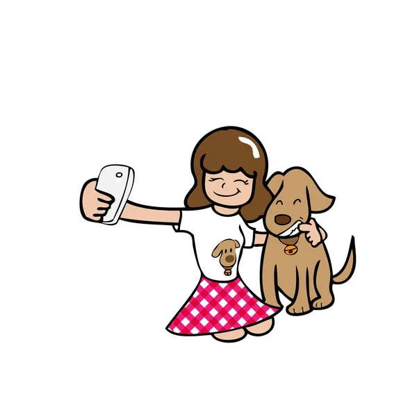 Selfie chica y perro — Vector de stock