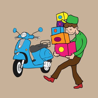 Boy carry boxes and scooter clipart