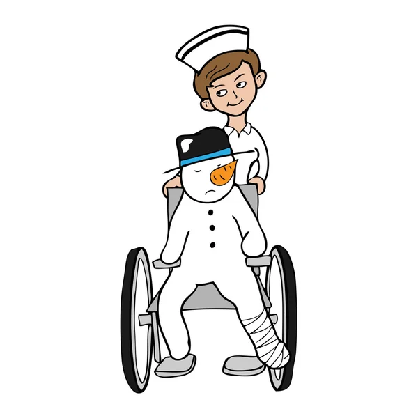 Enfermera silla de ruedas muñeco de nieve — Vector de stock