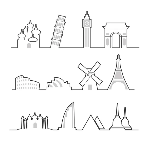 Travel location landmark icons line — Stock Vector