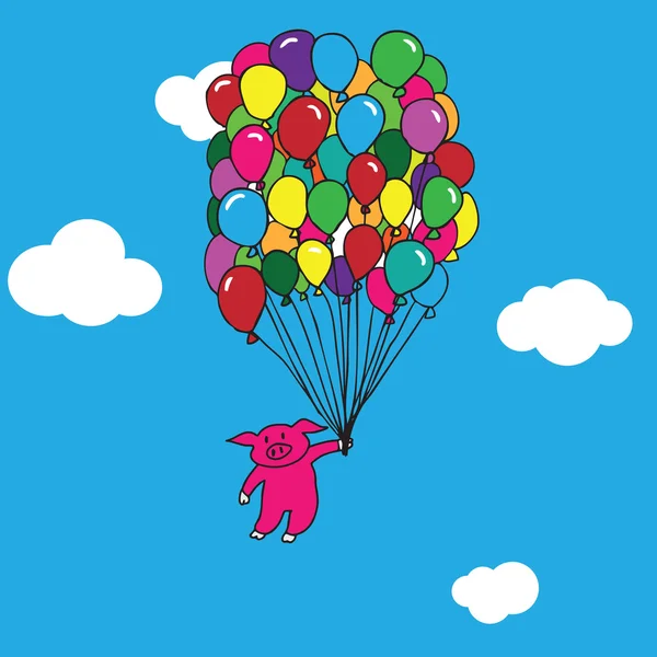 Varken roze vliegen met ballonnen — Stockvector