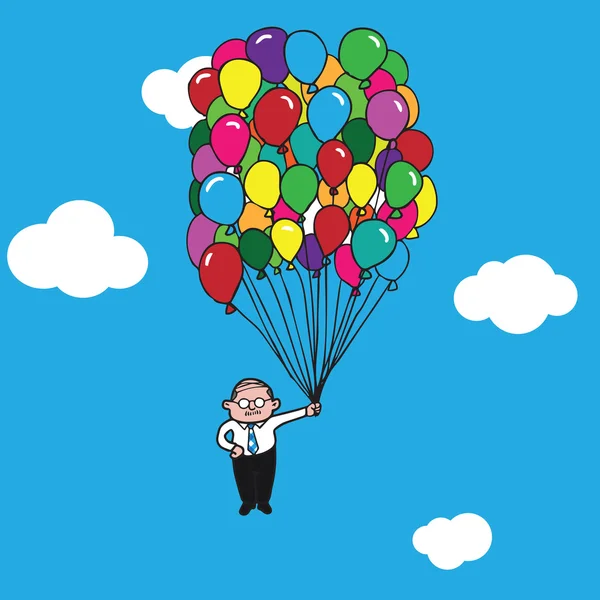 Hombre de negocios viejo volando con globos — Vector de stock