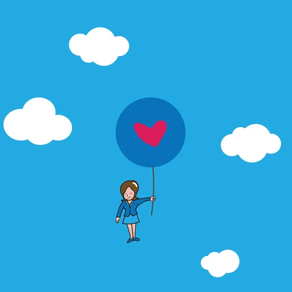 Empresaria Volando con globos cardíacos — Vector de stock