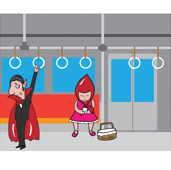 Halloween vampire and red hood girl in subway 1 — Stock Vector