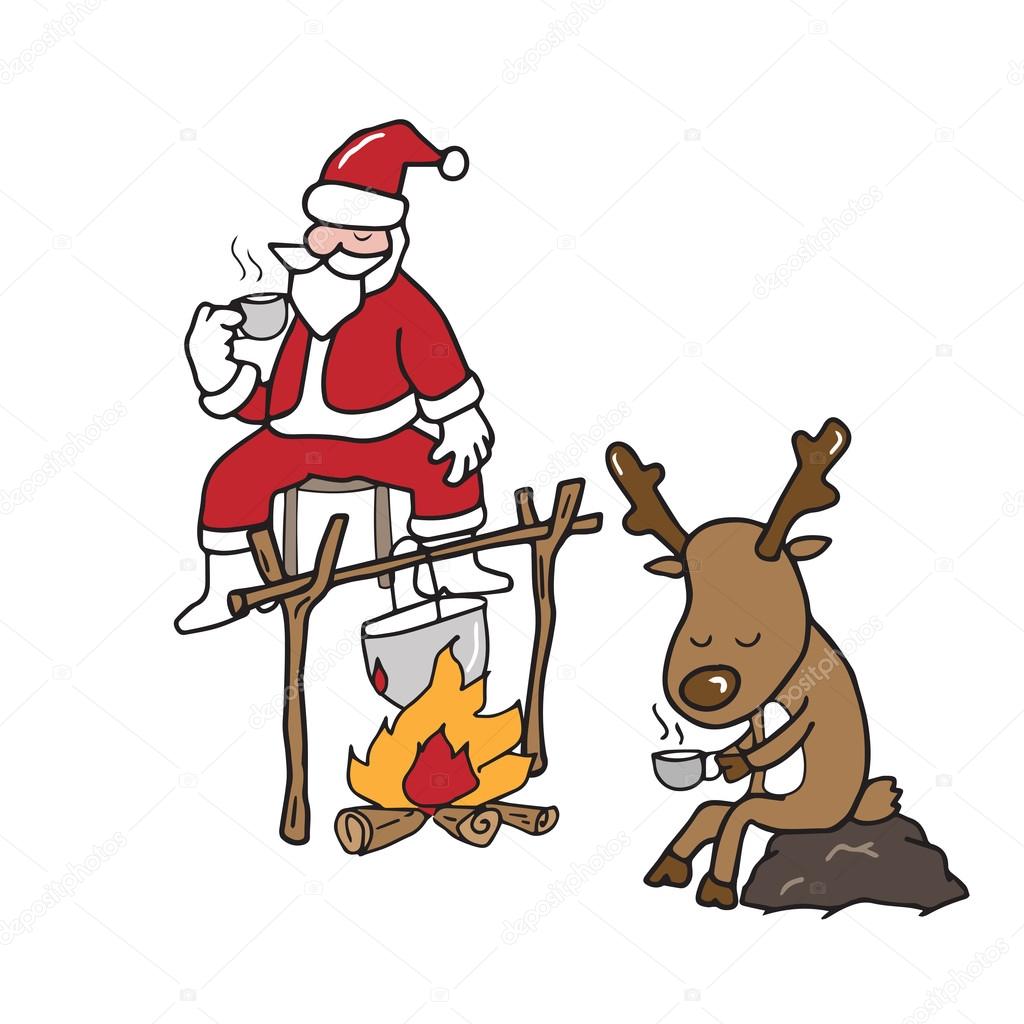 Christmas Santa and Reindeer drinking coffee