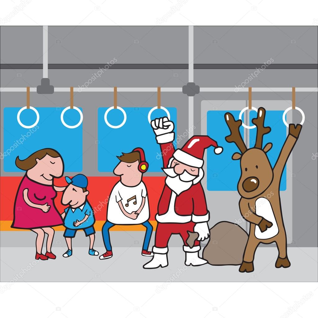 Christmas Santa and reindeer in subway cartoon
