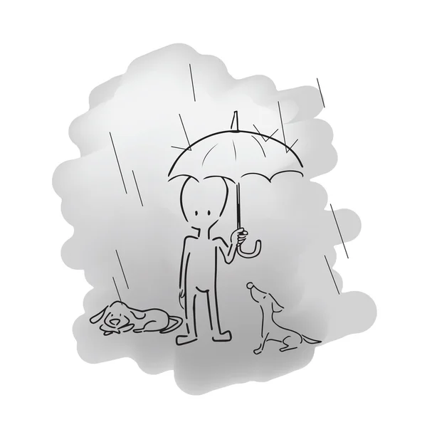 Man standing in rain with umbrella and dogs — Stock Vector