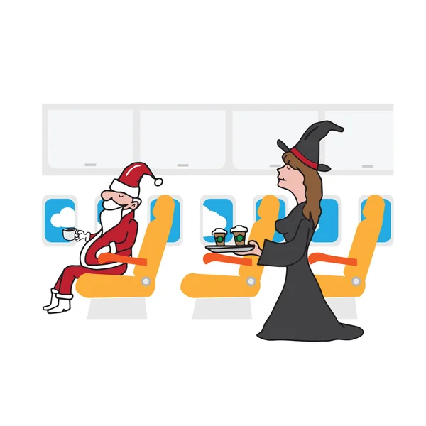 Vliegtuig passagier Santa en heks — Stockvector