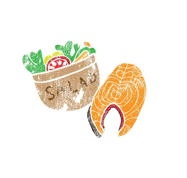 Salade alimentaire et saumon — Image vectorielle
