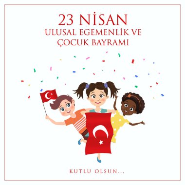 23 Nisan Ulusal Egemenlik ve kocuk Bayrami, el çizimi. Tercüme: 23 Nisan Çocuk Bayramı. Vektör illüstrasyonu.