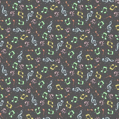 Renkli ve şirin nota kalıpları. Kumaş tasarımı, vektör illüstrasyonu.