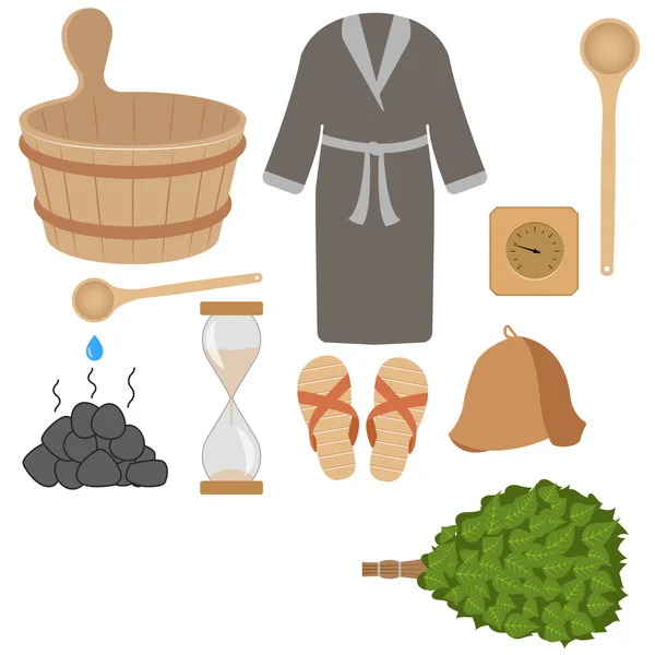 Векторный набор банных принадлежностей, сауна в деревянной сауне — стоковый вектор